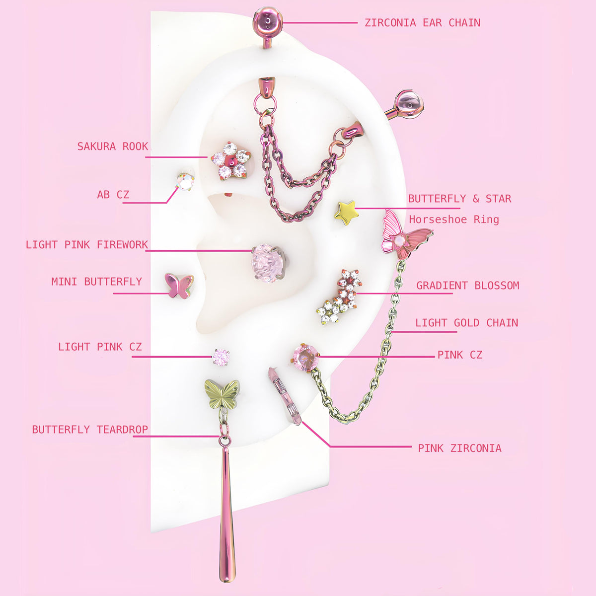Full Set (All 12Pcs) Fluttershy Ear Stack in ASTM F136 Titanium