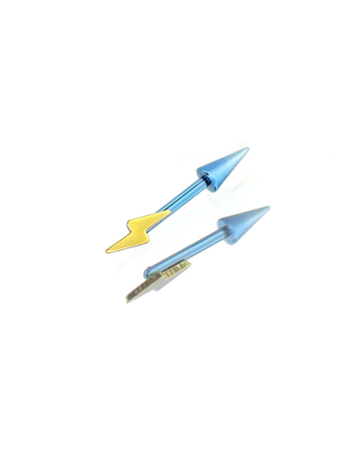 Rainbow Star & Lightning Stud side view of polished titanium jewelry