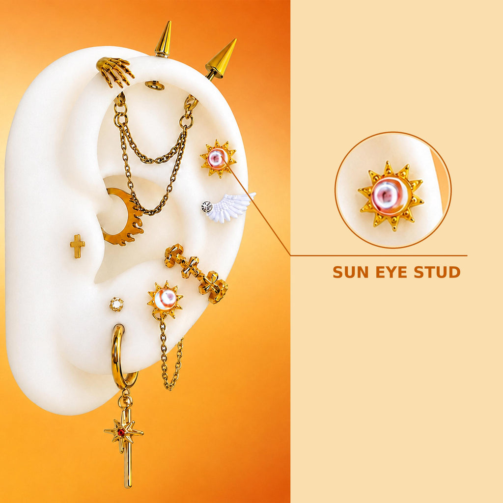 3.Sun Eye Stud Celestia Daybreaker Ear Stack in ASTM F136 Titanium