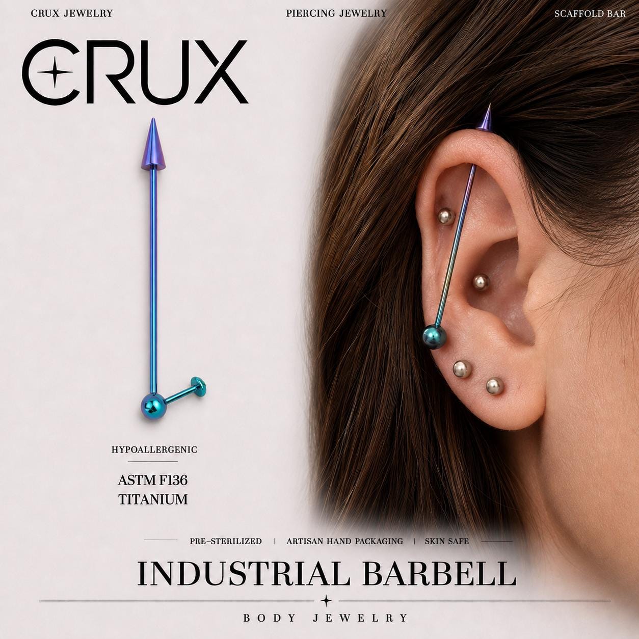Offset Geometric titanium industrial barbell, front view
