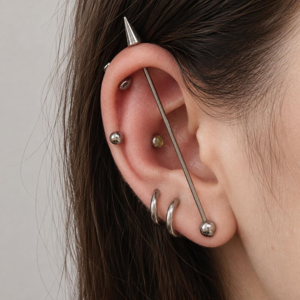 Offset Geometric titanium industrial barbell, detail view 3