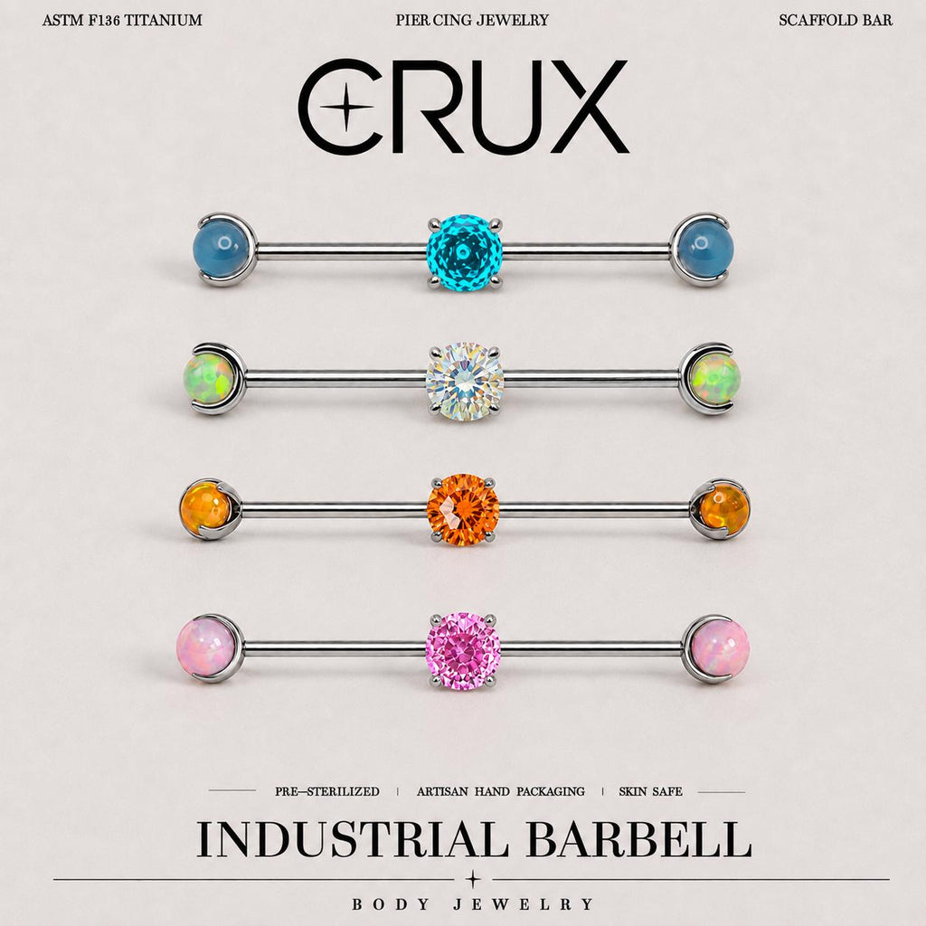 Opal Crystal titanium industrial barbell, front view