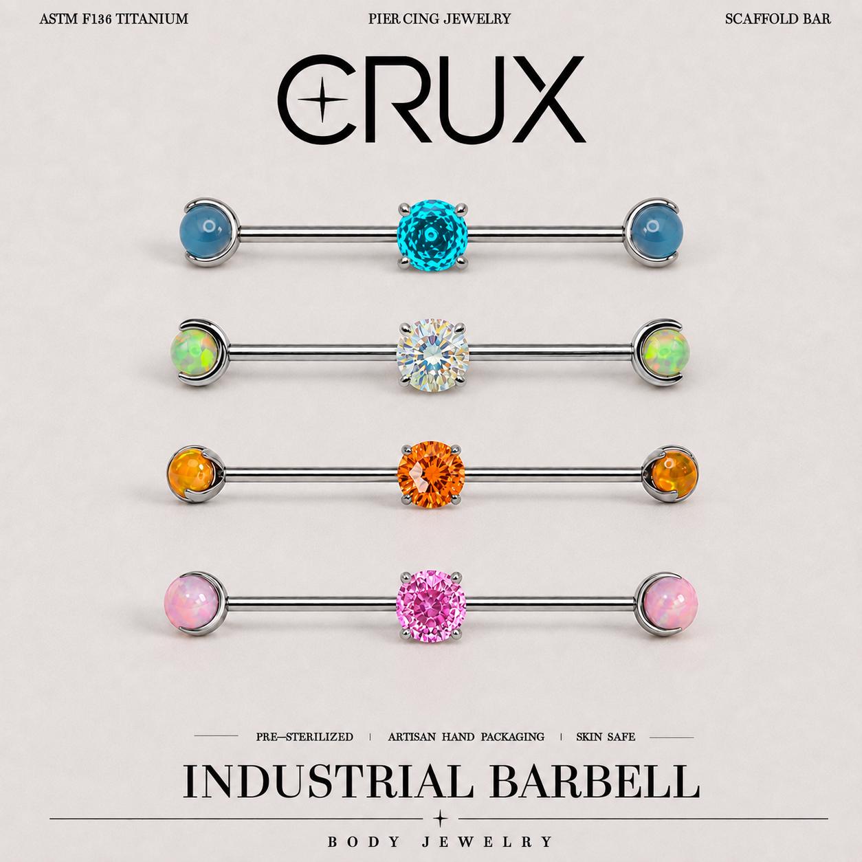 Opal Crystal titanium industrial barbell, front view