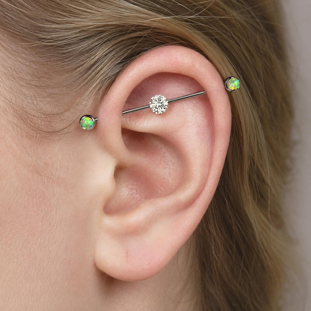 Opal Crystal titanium industrial barbell, detail view 2