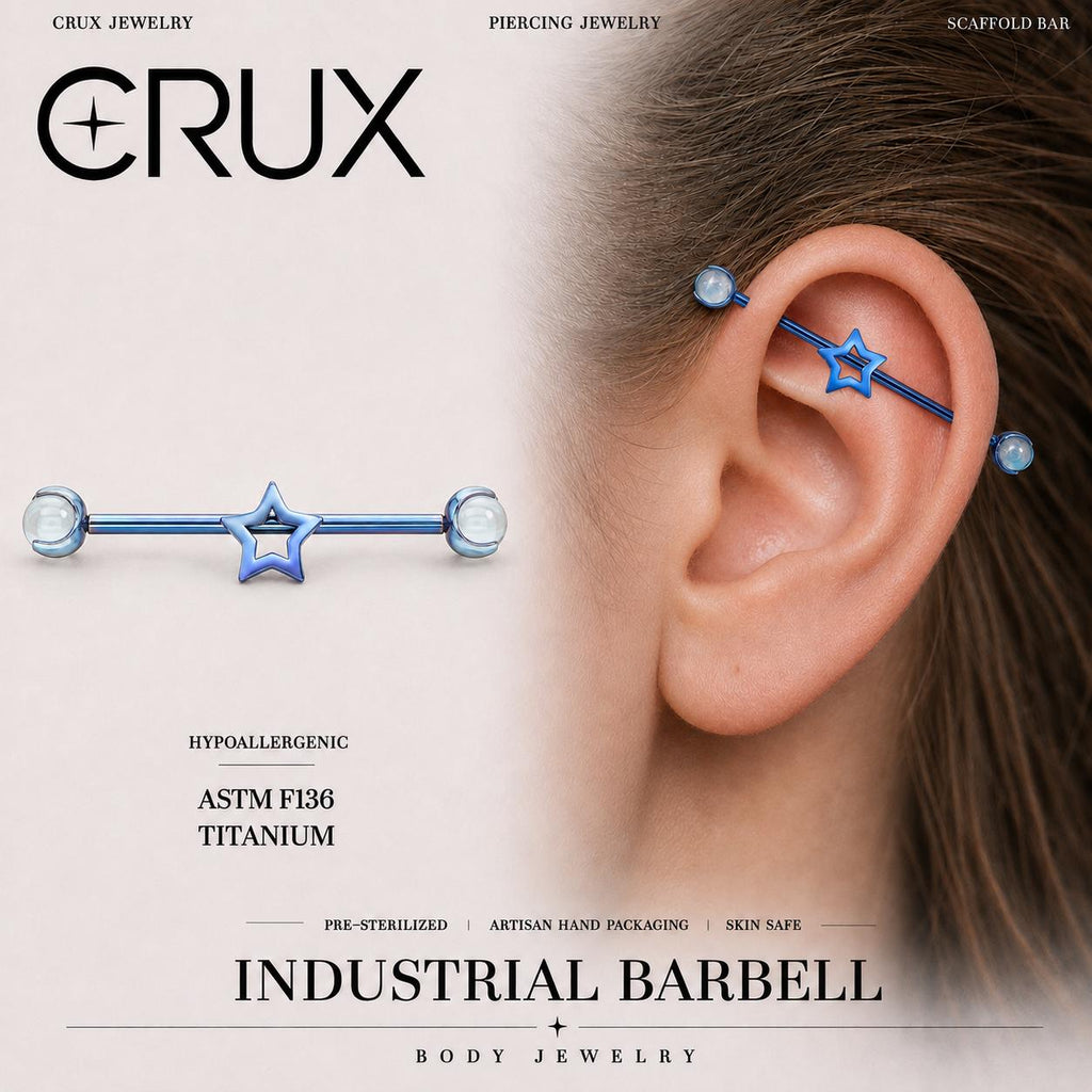 Open Star titanium industrial barbell, front view