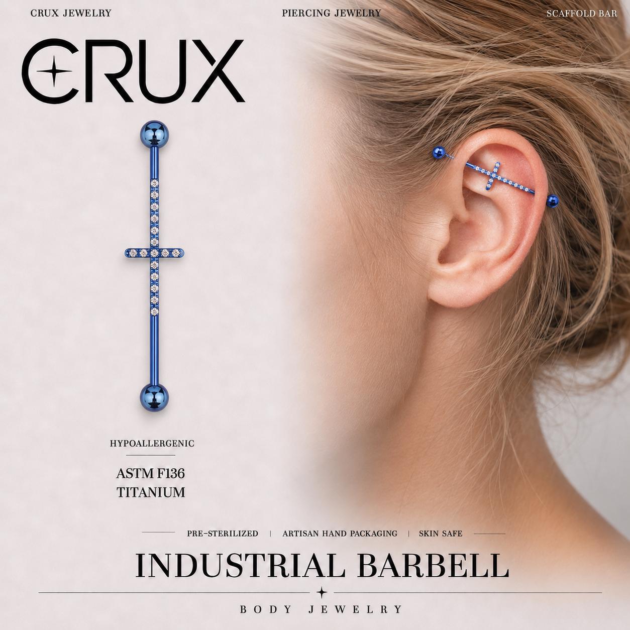 Pavé Cross titanium industrial barbell, front view