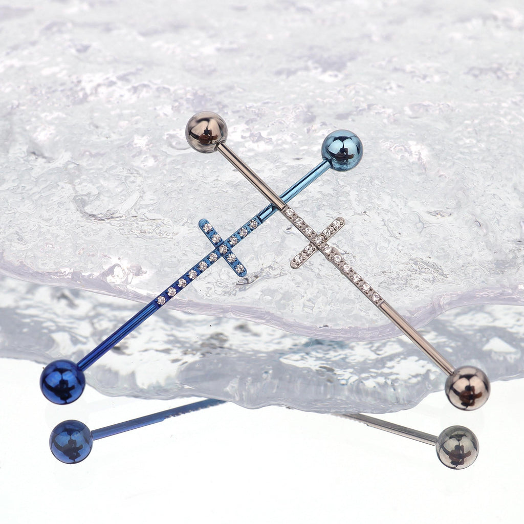 Pavé Cross titanium industrial barbell, detail view 4