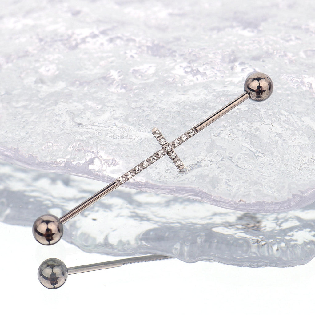 Pavé Cross titanium industrial barbell, detail view 6