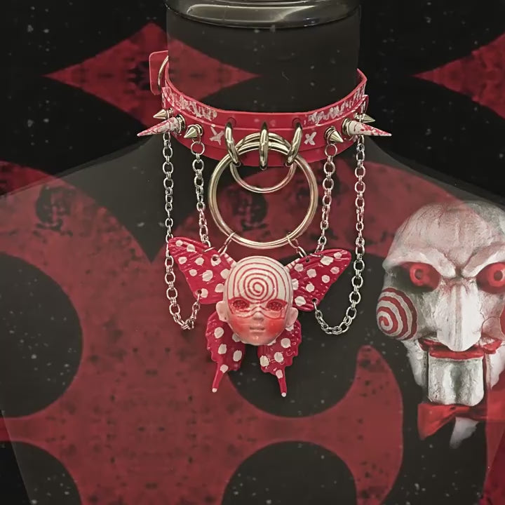 Red Graffiti Leather Spiked Choker with Spiral Doll Face & Spotted Butterfly Wings