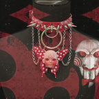 Red Graffiti Leather Spiked Choker with Spiral Doll Face & Spotted Butterfly Wings