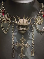 Black Metal "Corpse Paint" Spiked Doll Face Necklace - Ornate Cross & Razor Blade Charms