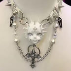 White Goth "Crying Angel" Spiked Doll Face Choker - Pearls, Coffins & Ornate Cross