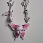 Coquette Pink Butterfly Doll Face Pearl Necklace with Silver Bows & Ribbons
