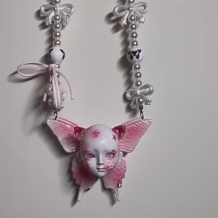 Coquette Pink Butterfly Doll Face Pearl Necklace with Silver Bows & Ribbons