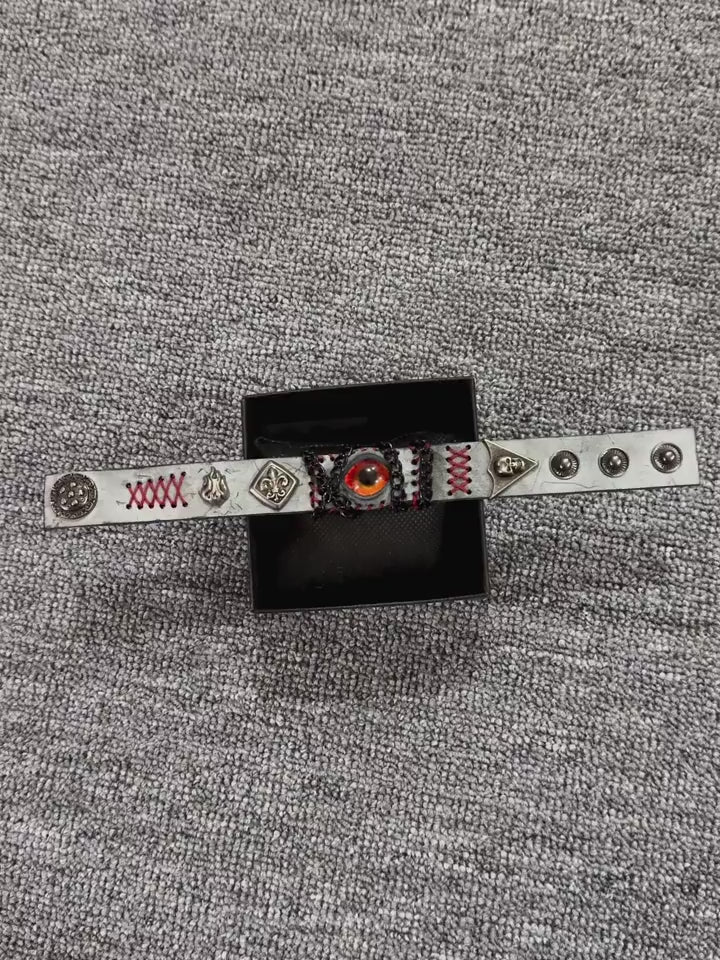 Grunge Concrete Grey Leather Stitched Bracelet - Red Dragon Eye Cuff - Punk Wristband