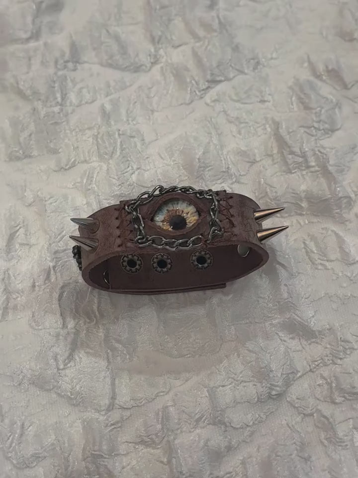 Steampunk Brown Leather Dragon Eye Bracelet - Vintage Grunge Spiked Cuff - Golden Cat Eye Wristband - Wasteland Aesthetic