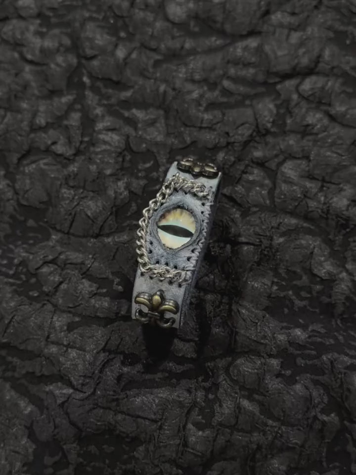 Ancient Grey Leather Dragon Eye Bracelet - Blue Runic Pattern Cuff - Nordic Viking Style Wristband - Vintage Brass Studs