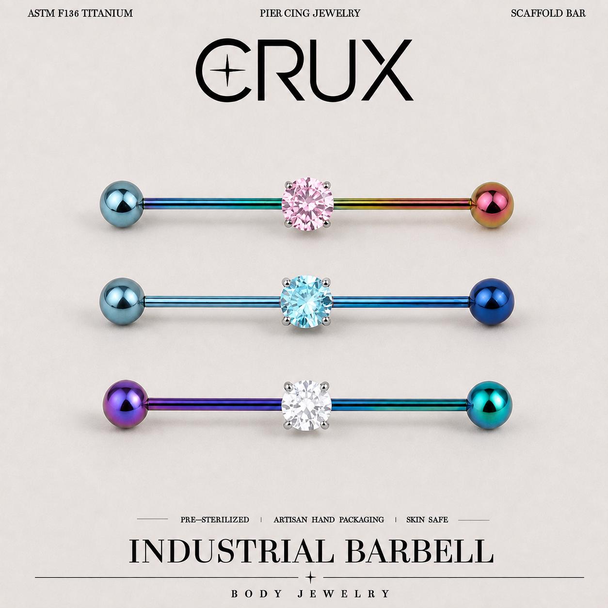 Prong-Set CZ titanium industrial barbell, front view
