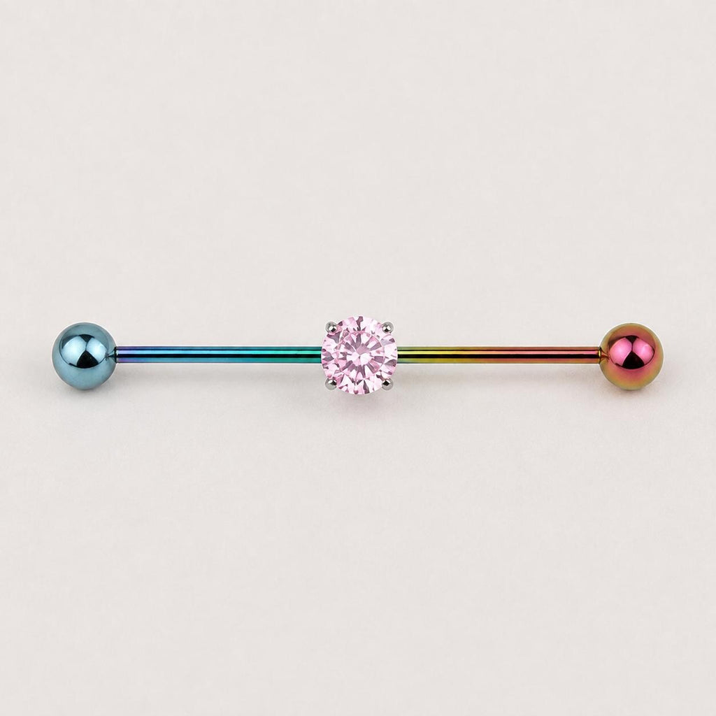 Prong-Set CZ titanium industrial barbell, detail view 5