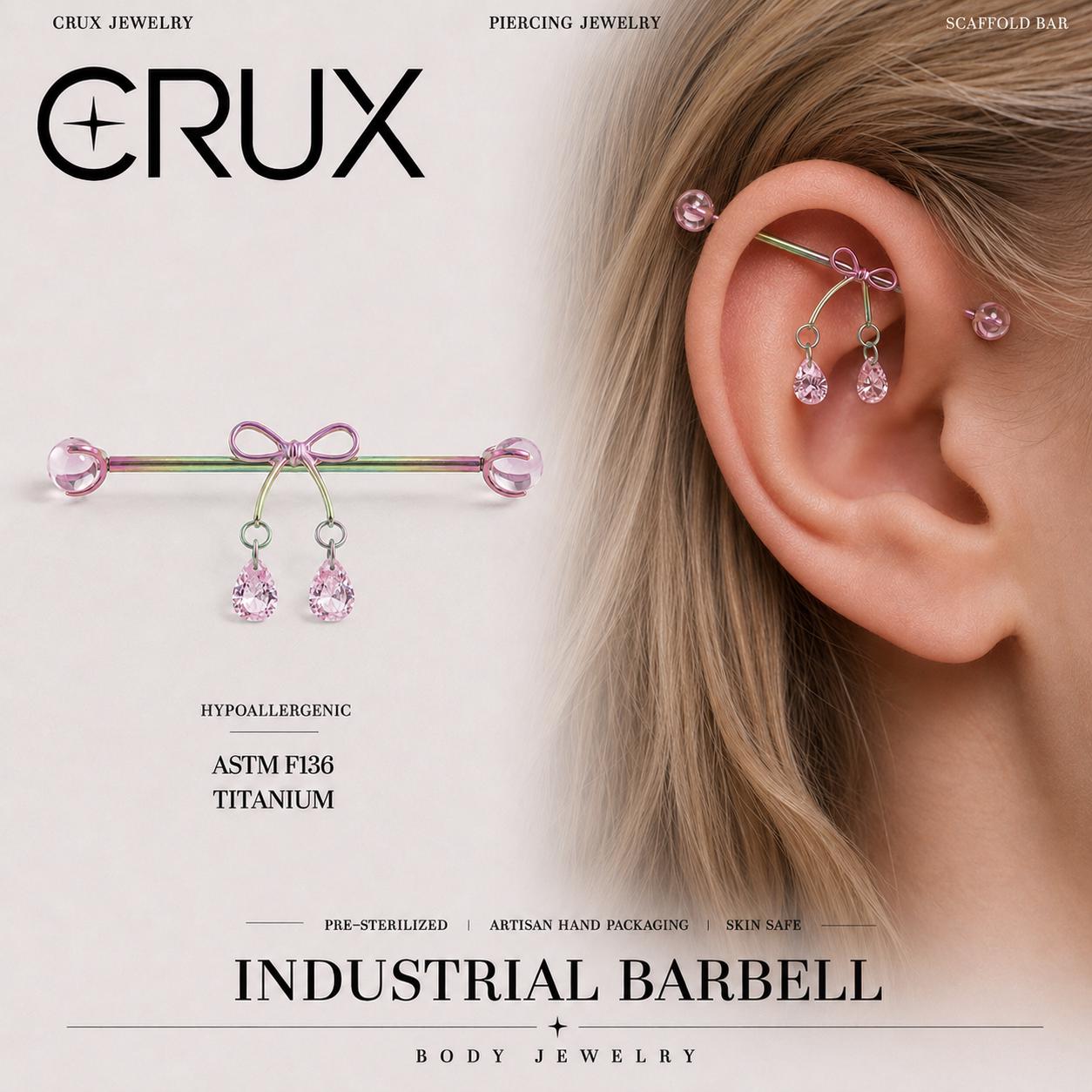 Ribbon Bow Crystal titanium industrial barbell, front view