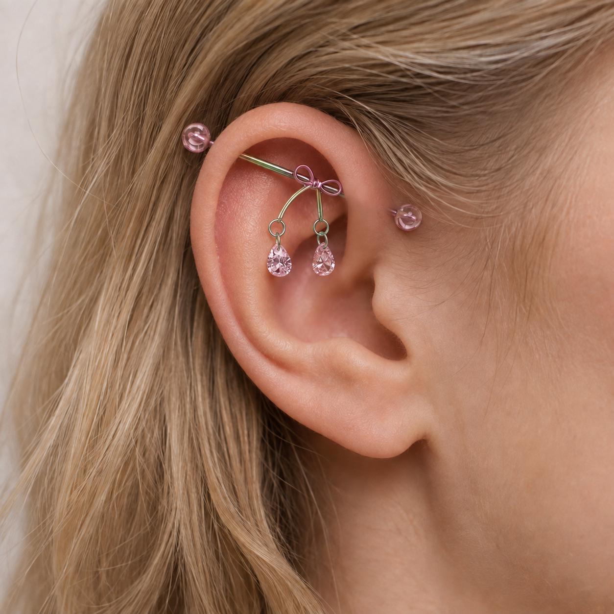 Ribbon Bow Crystal titanium industrial barbell, detail view 2