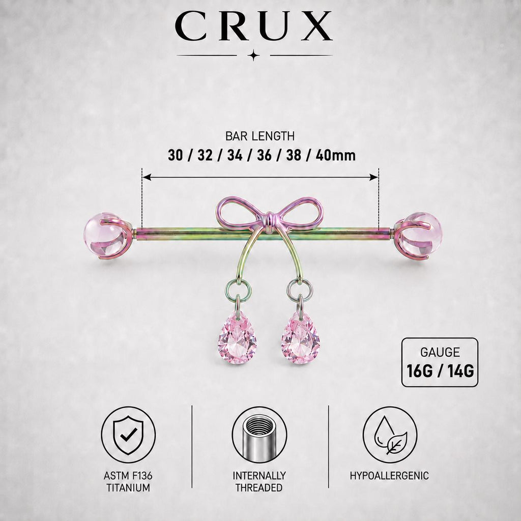 Ribbon Bow Crystal titanium industrial barbell, detail view 6