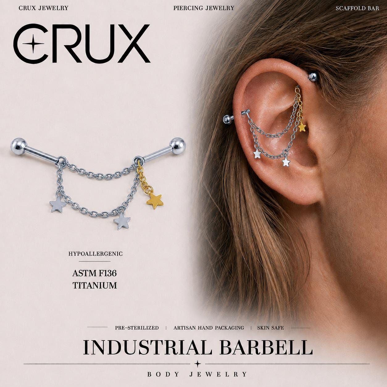 Starfall Chain titanium industrial barbell, front view