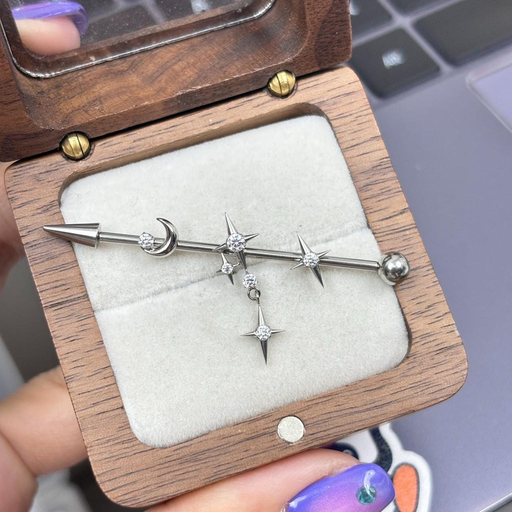 Triple Moon Crystal titanium industrial barbell, detail view 5