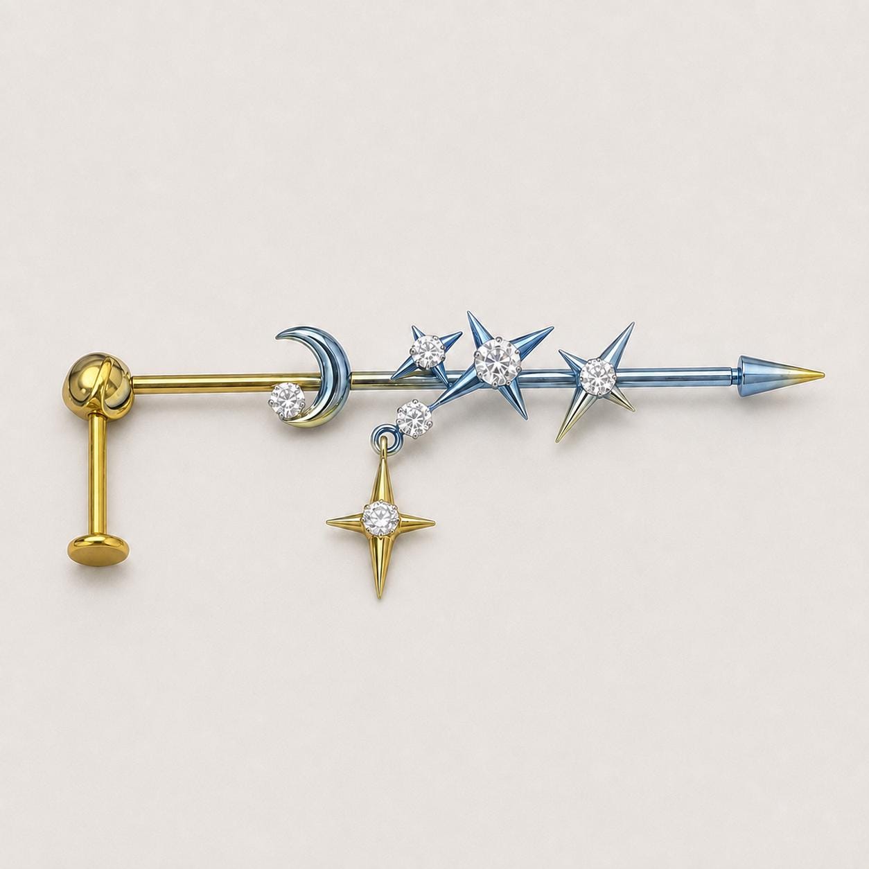 Triple Moon Crystal titanium industrial barbell, detail view 6