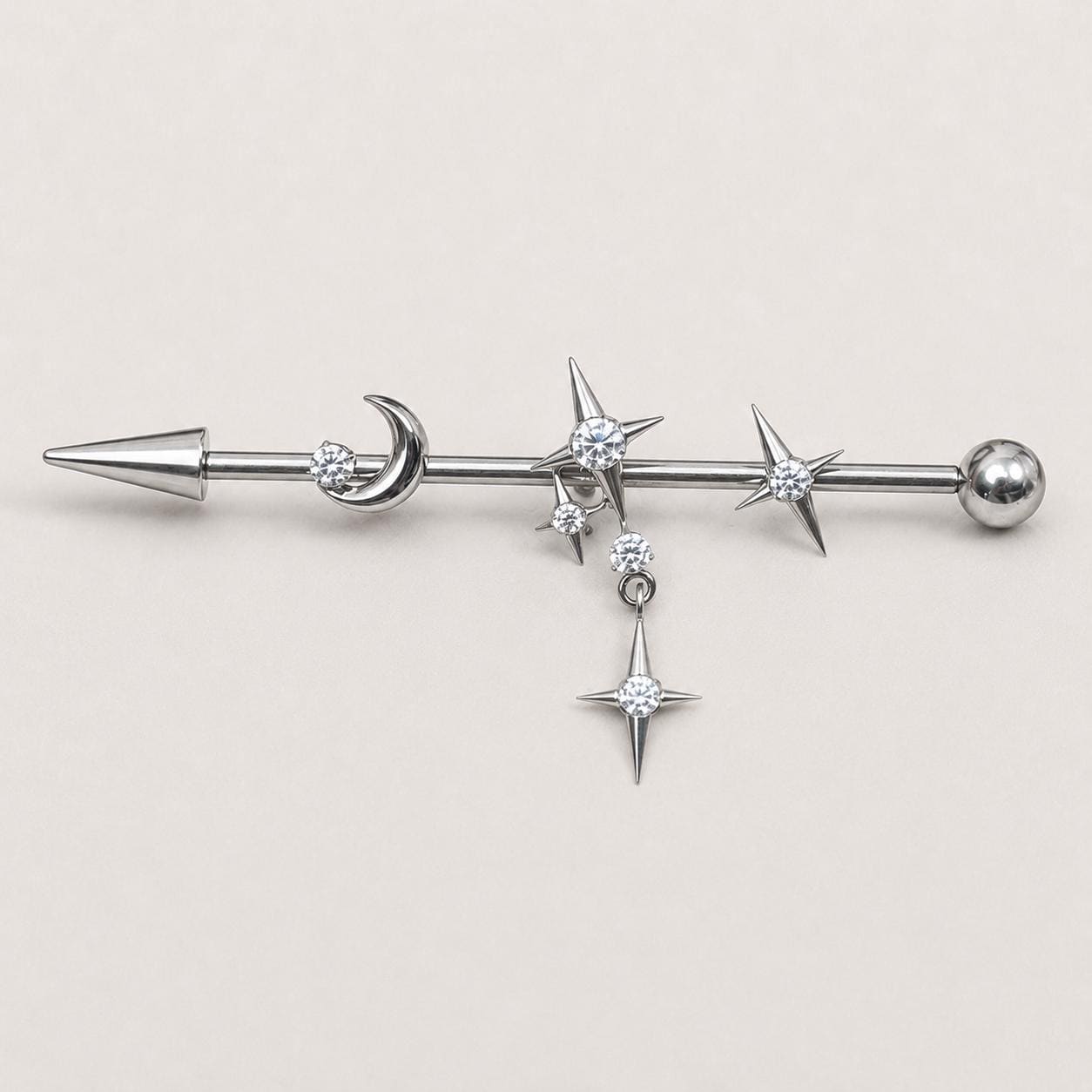 Triple Moon Crystal titanium industrial barbell, detail view 8