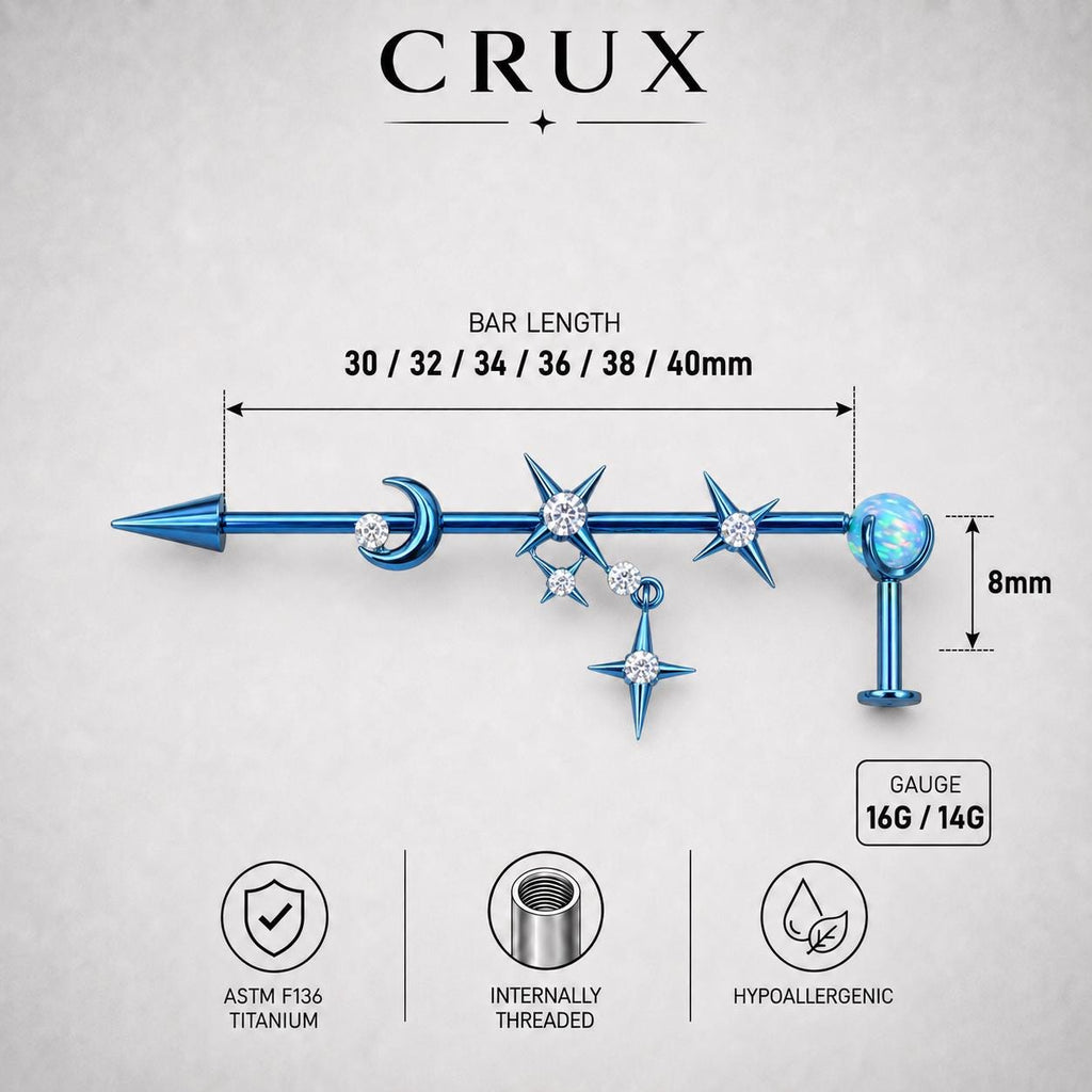 Triple Moon Crystal titanium industrial barbell, detail view 9