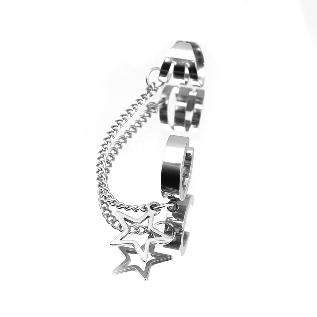 Black & White Chain Pentagram Stainless Steel Ear Clips - Black & White Chain Pentagram Stainless Steel Ear Clips - White / Single by CRUXJEWELRY